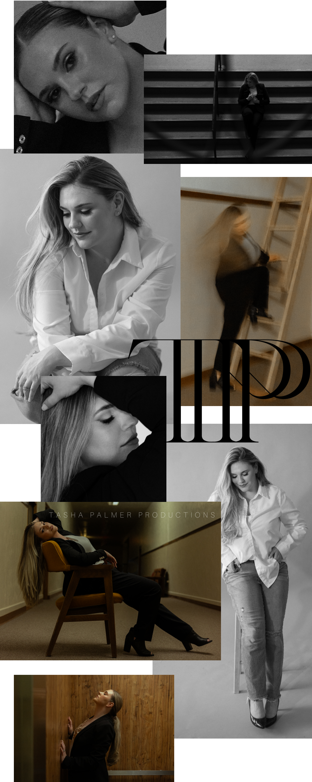 Black and white photo collage featuring artistic portrait and fashion poses.