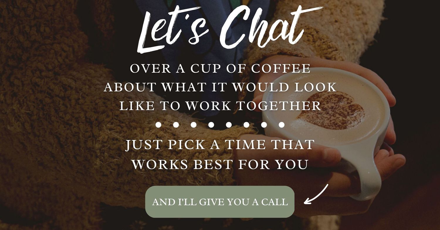 Text overlay on blurred coffee image inviting conversation about working together.
