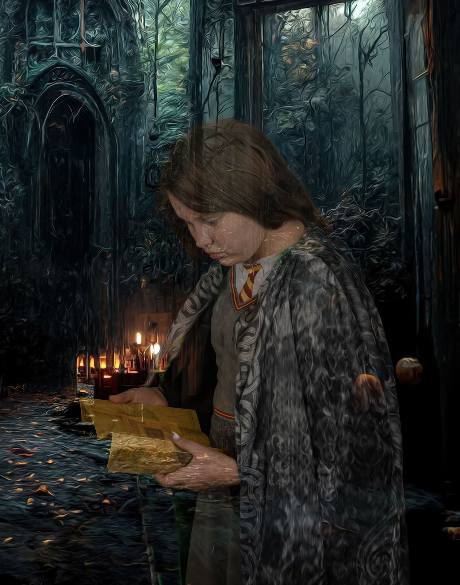 A mystical scene with candlelight and ancient manuscripts in a magical forest setting.