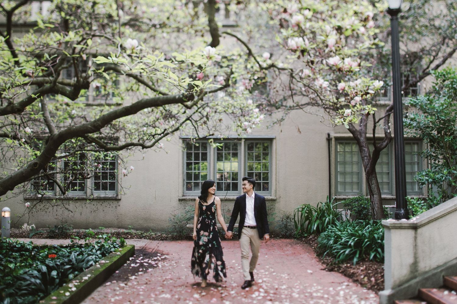 A couple walking together under blooming cherry blossoms along a garden pathway.
