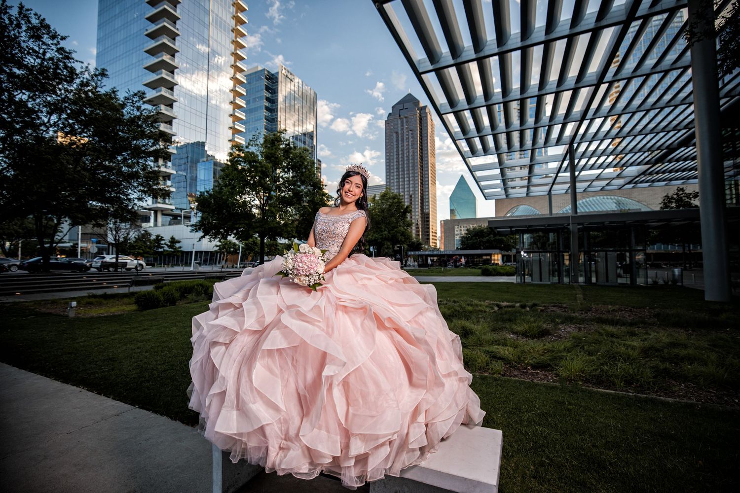 pink quinceanera dress in downtown Dallas, TX
