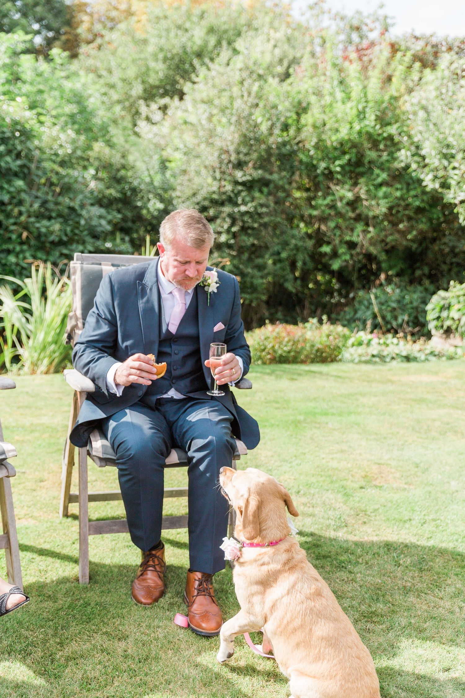 Hayley Elizabeth Photography Dogs at weddings Labrador watching groom eat hamburger at Lyde Arundel Herefordshire