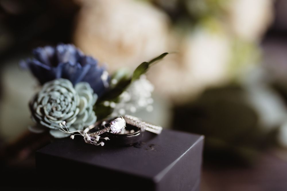 Wedding rings displayed with blue flower and succulent on dark surface.