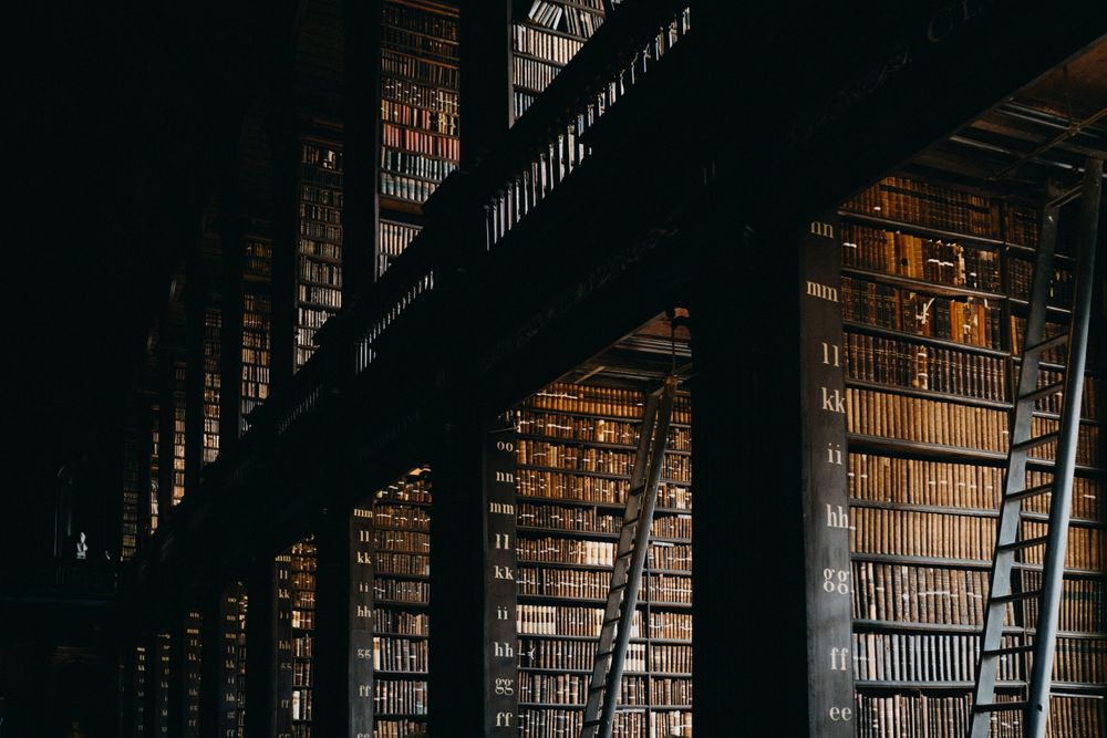 Ancient library interior with tall wooden shelves filled with old books.
