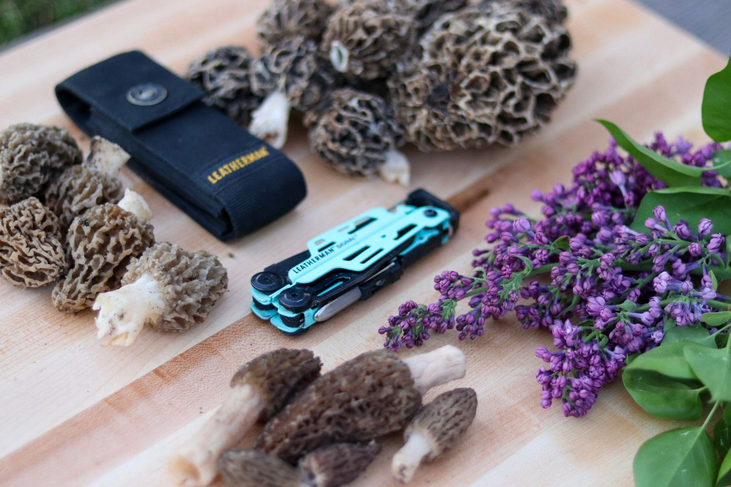 Morel mushrooms, lilac flowers and multi-tool arranged on wooden surface.