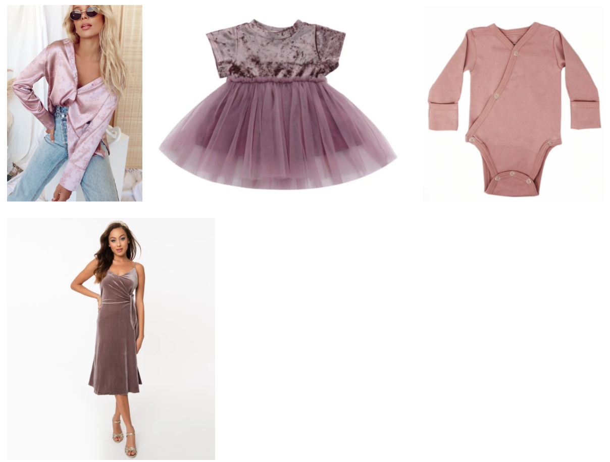 Three clothing items including a pink cardigan, tulle dress, and bodysuit in muted rose tones.