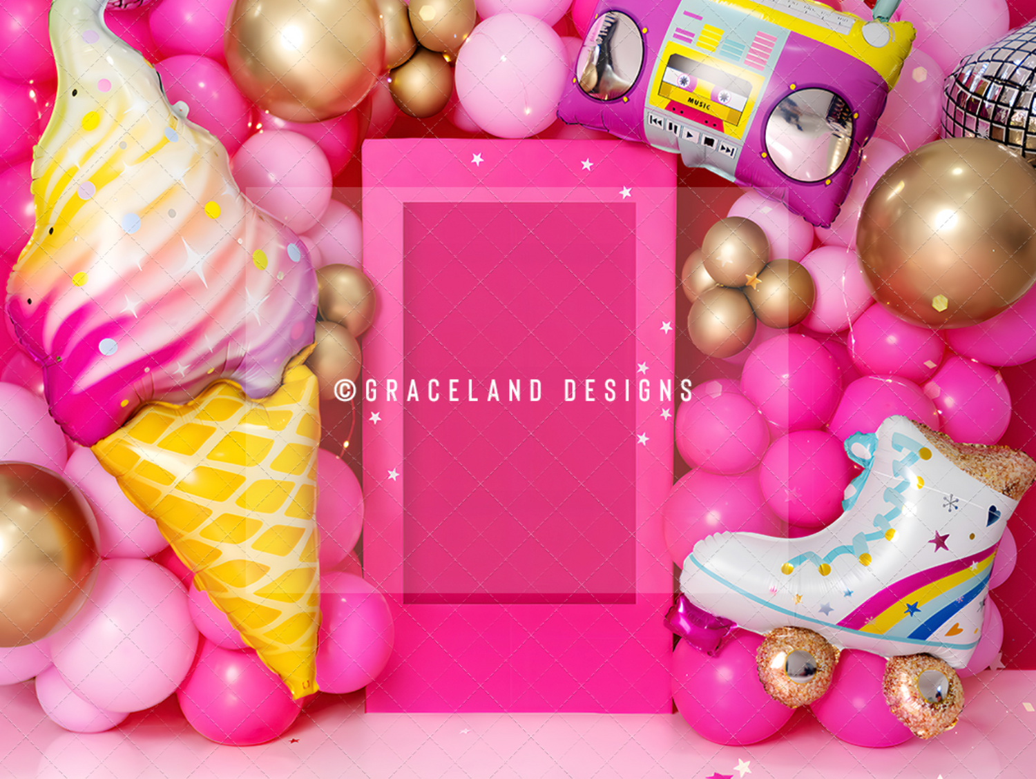 Pink and gold balloon arch with ice cream cone and roller skate decorations against pink background.