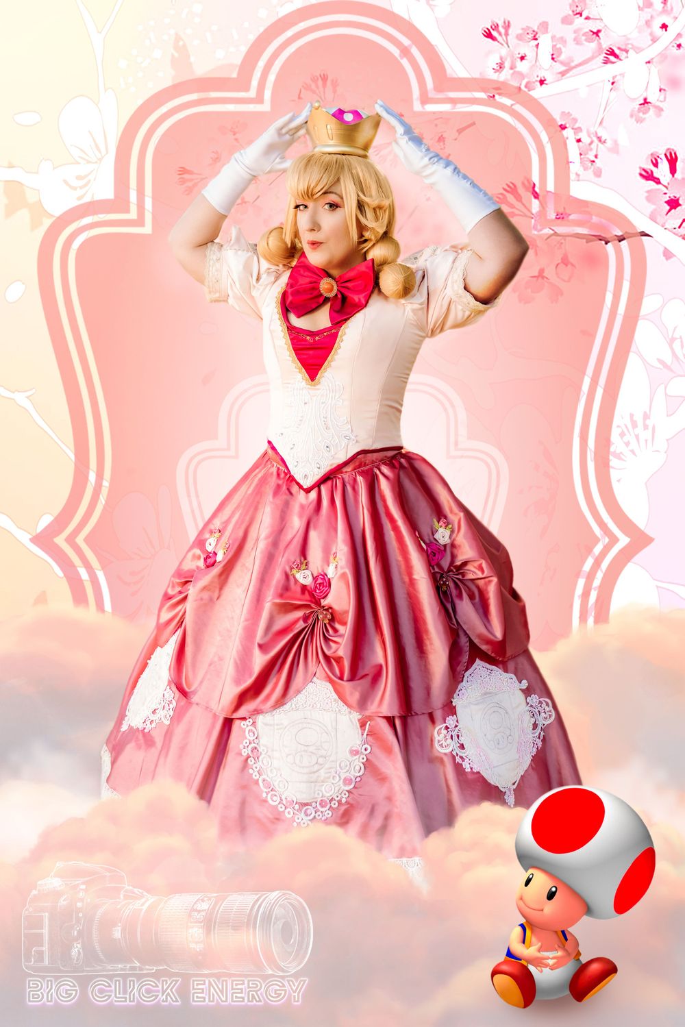 Peachette cosplay featured with Toad on a cloud, captured in photography at Comicon in Phoenix, AZ, by Big Click Energy. Edited.