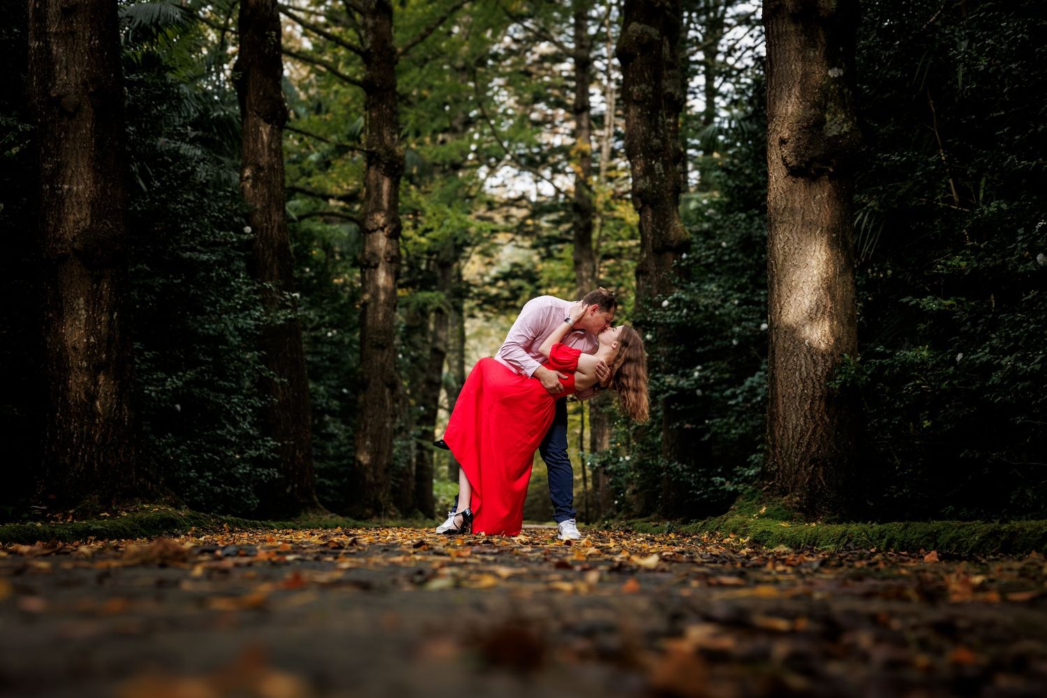 Magical couple moment in a garden surrounded by fantastic trees and nature.