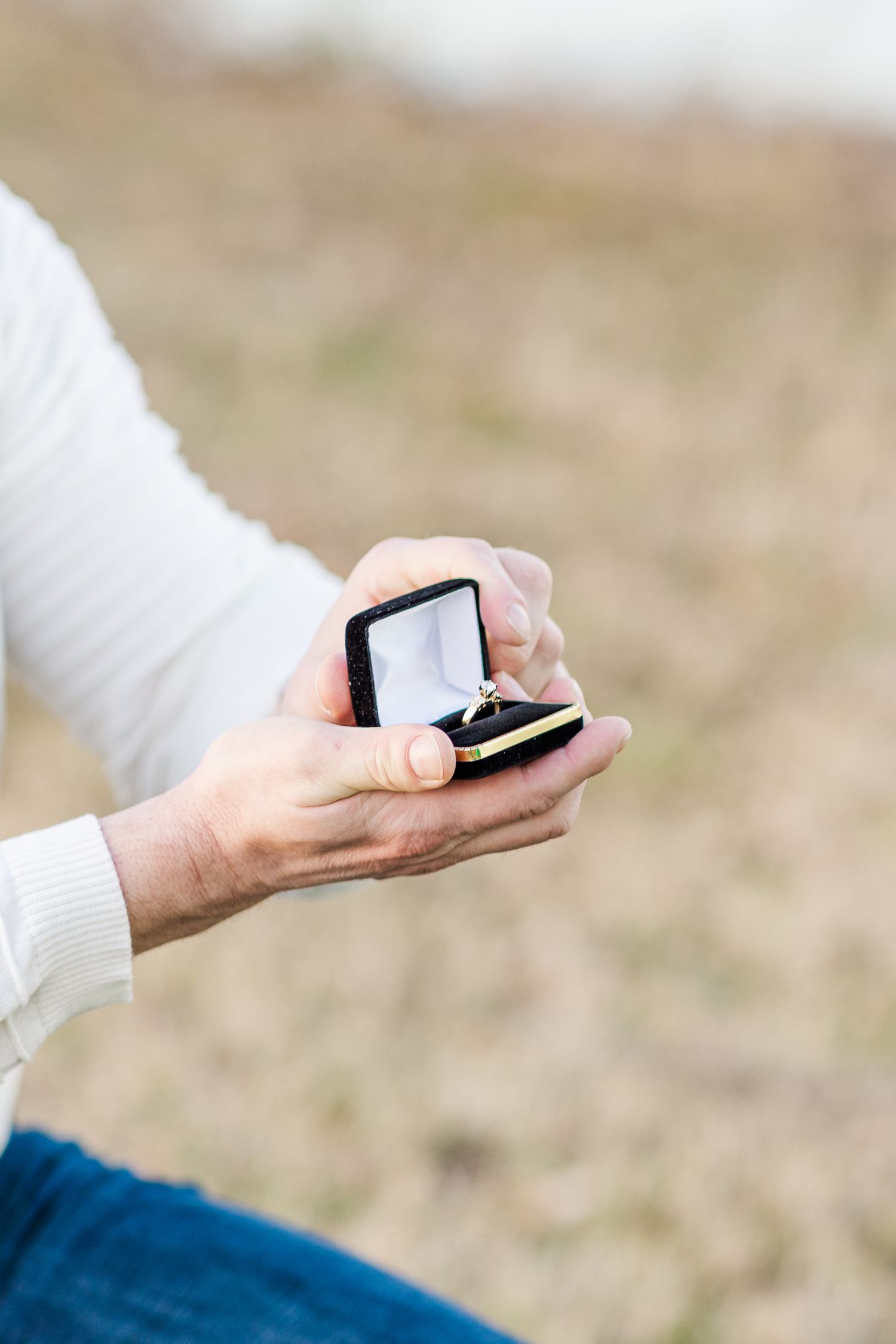Series of hands holding a small ring box in an outdoor setting.