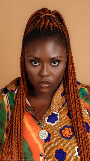 Intense studio headshot of a woman with orange-toned braids wearing a colorful patterned top.