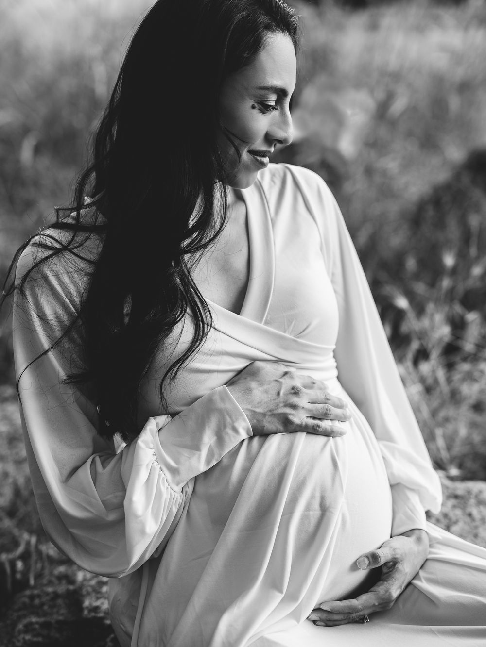 white maternity flowing long dress in Woodland Park Davis County Northern Farmington Utah.