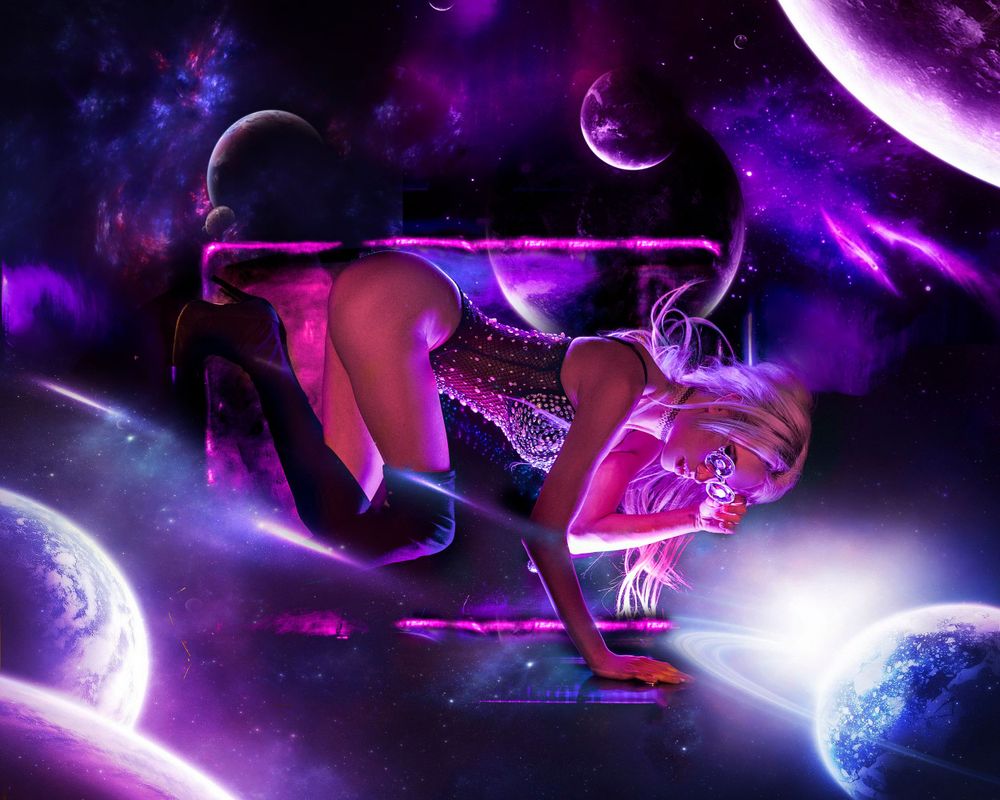 Artistic digital art of figure in space with planets and purple nebulae in cosmic fantasy scene.