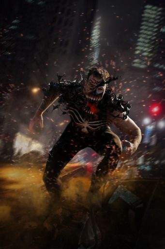 Dark and moody action scene featuring Venom character against city backdrop with dramatic lighting effects.