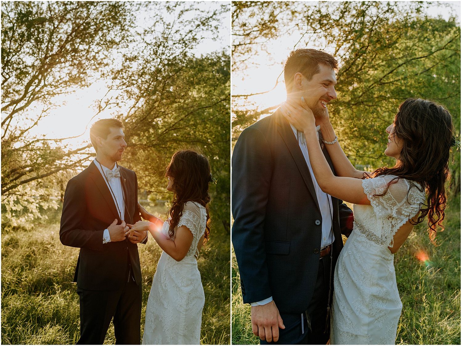 Wedding couple shares intimate moments in a sunlit garden setting with golden hour lighting.