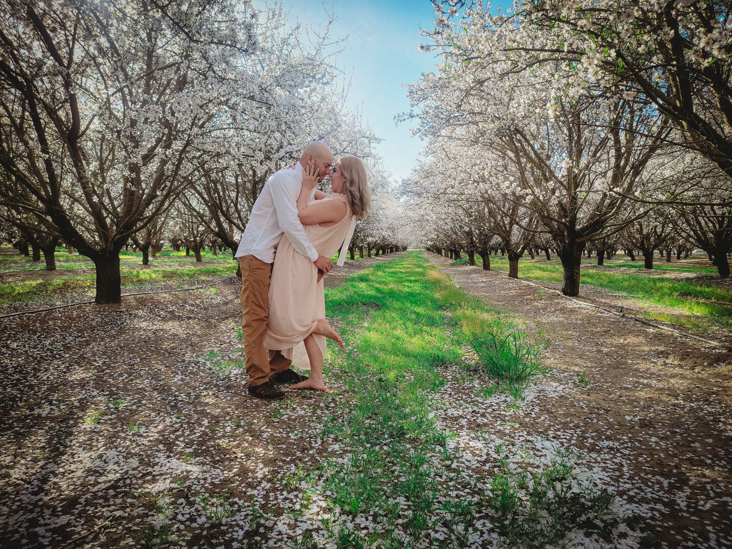 couple posing at the almond orchard