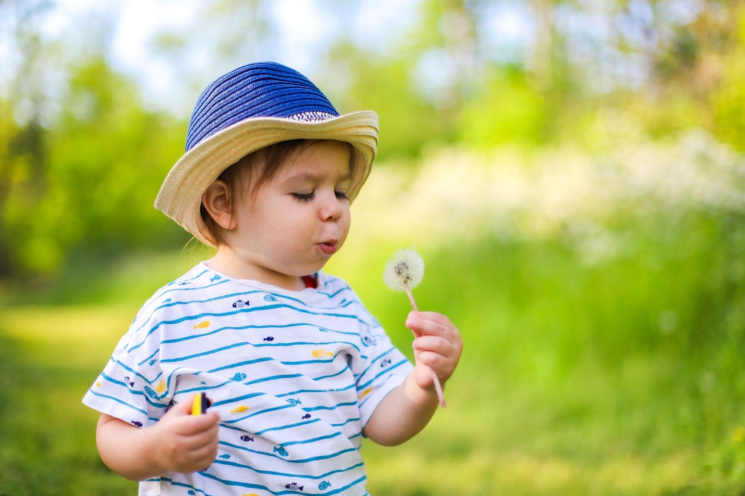 Child in striped shirt and straw hat blowing dandelion in sunny garden.