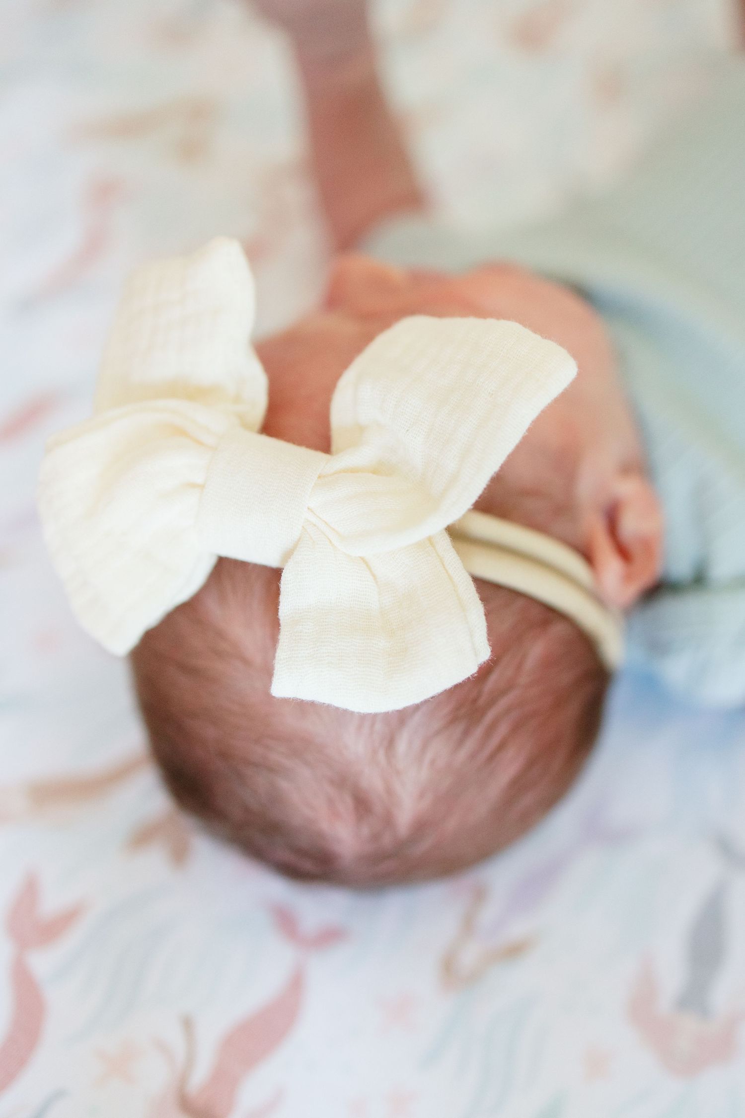 Baby wearing a white cream colored bow