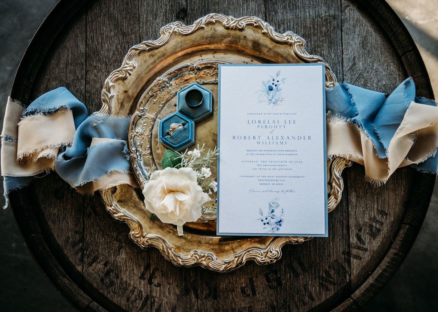 Simple Blue and Cream Wedding Flat Lay