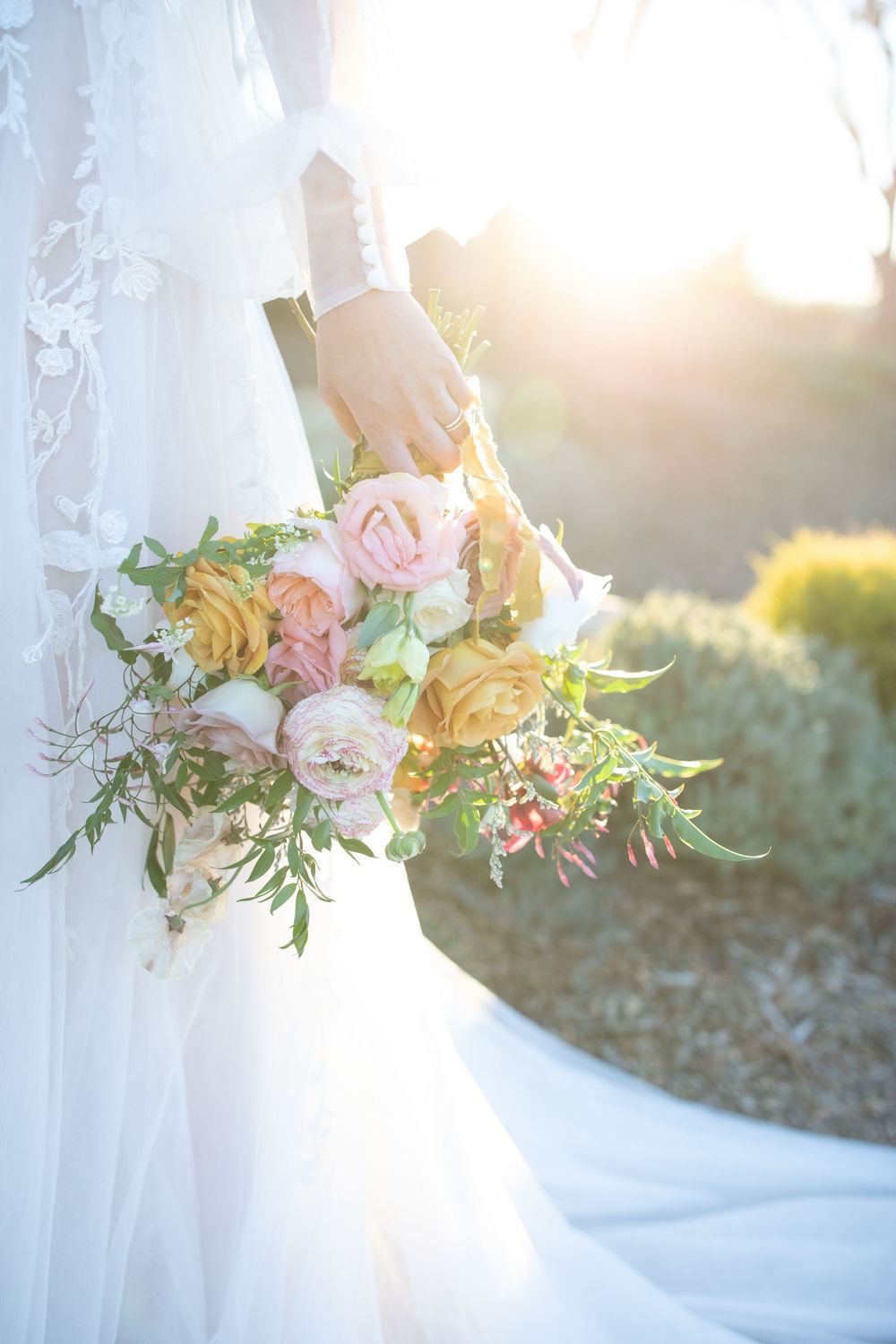 Details of a wedding bouquet or decorations, with a focus on the colors, textures, and patterns.