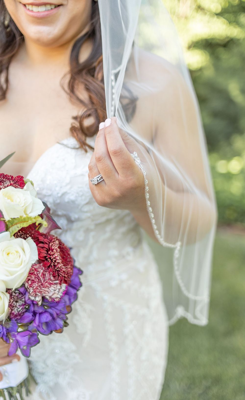 Details of a wedding bouquet or decorations, with a focus on the colors, textures, and patterns.