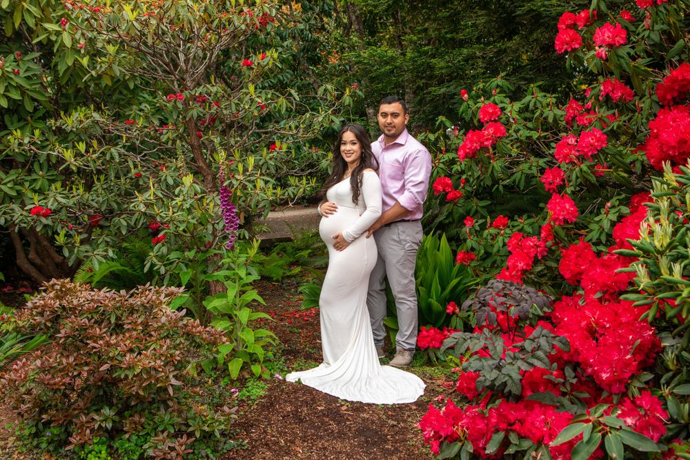 A maternity photoshoot amidst vibrant red and purple flowers in a lush garden setting.