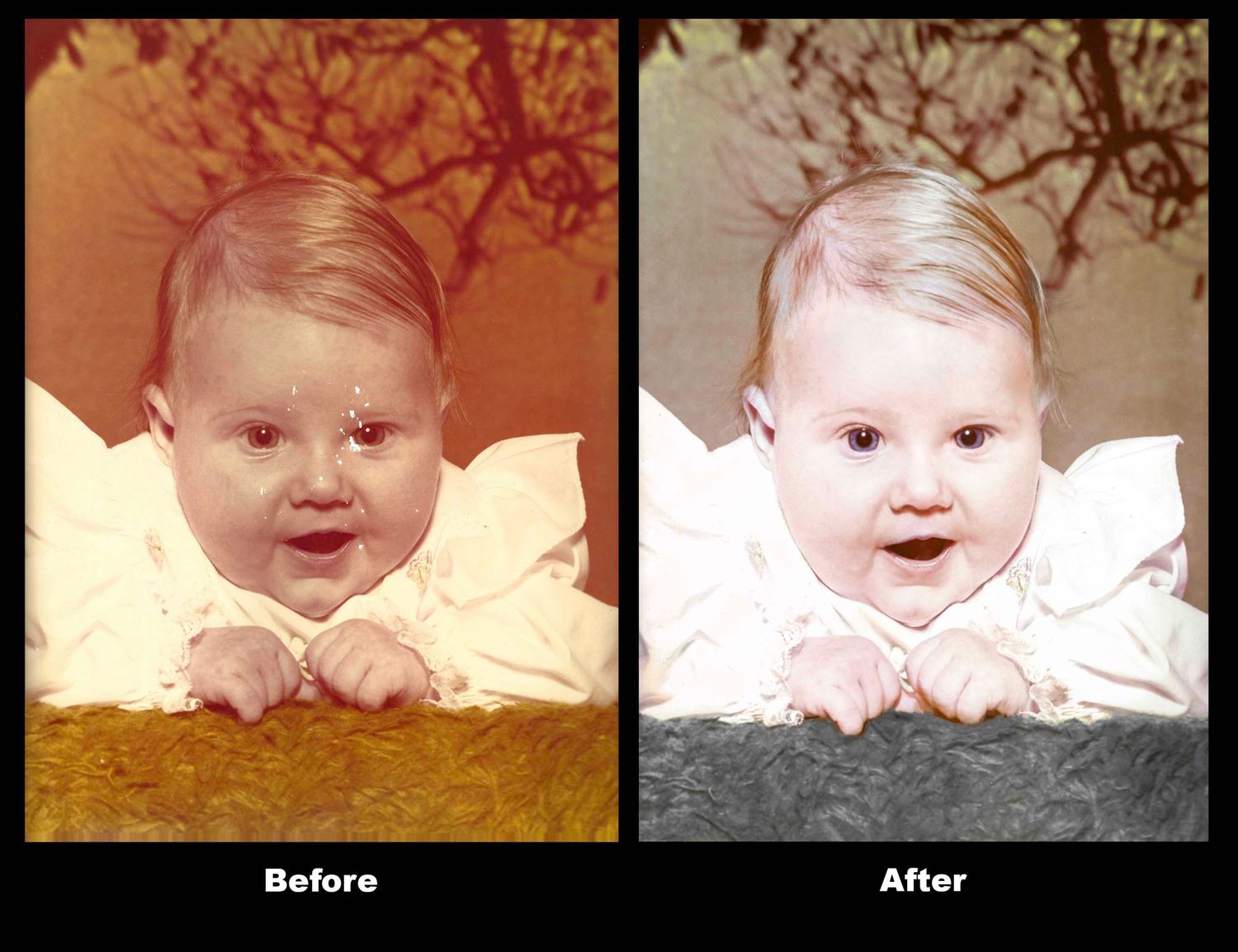 Before and After images of photo restoration (baby image)