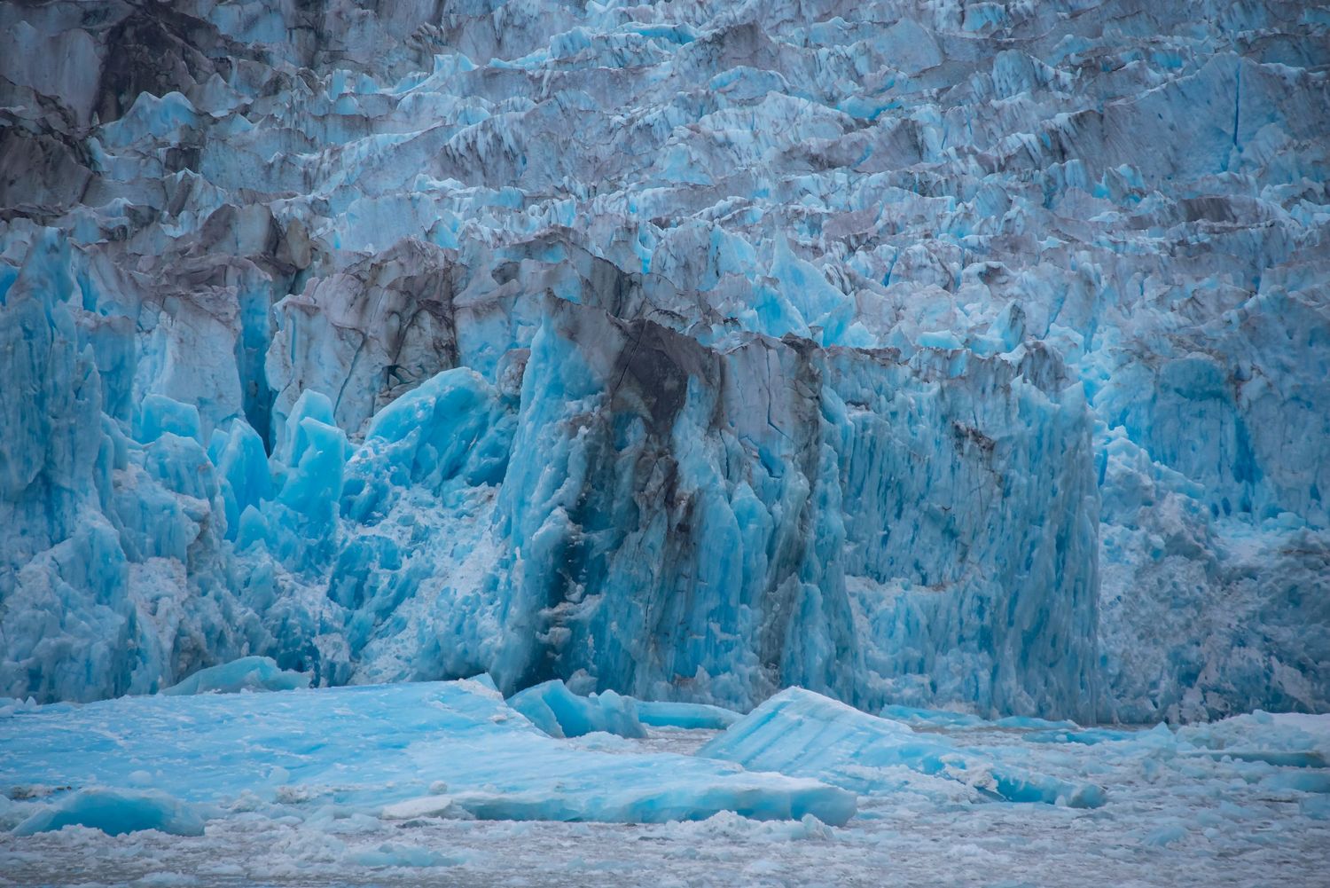 Massive blue glacier wall with intricate ice formations and crevasses in natural lighting.