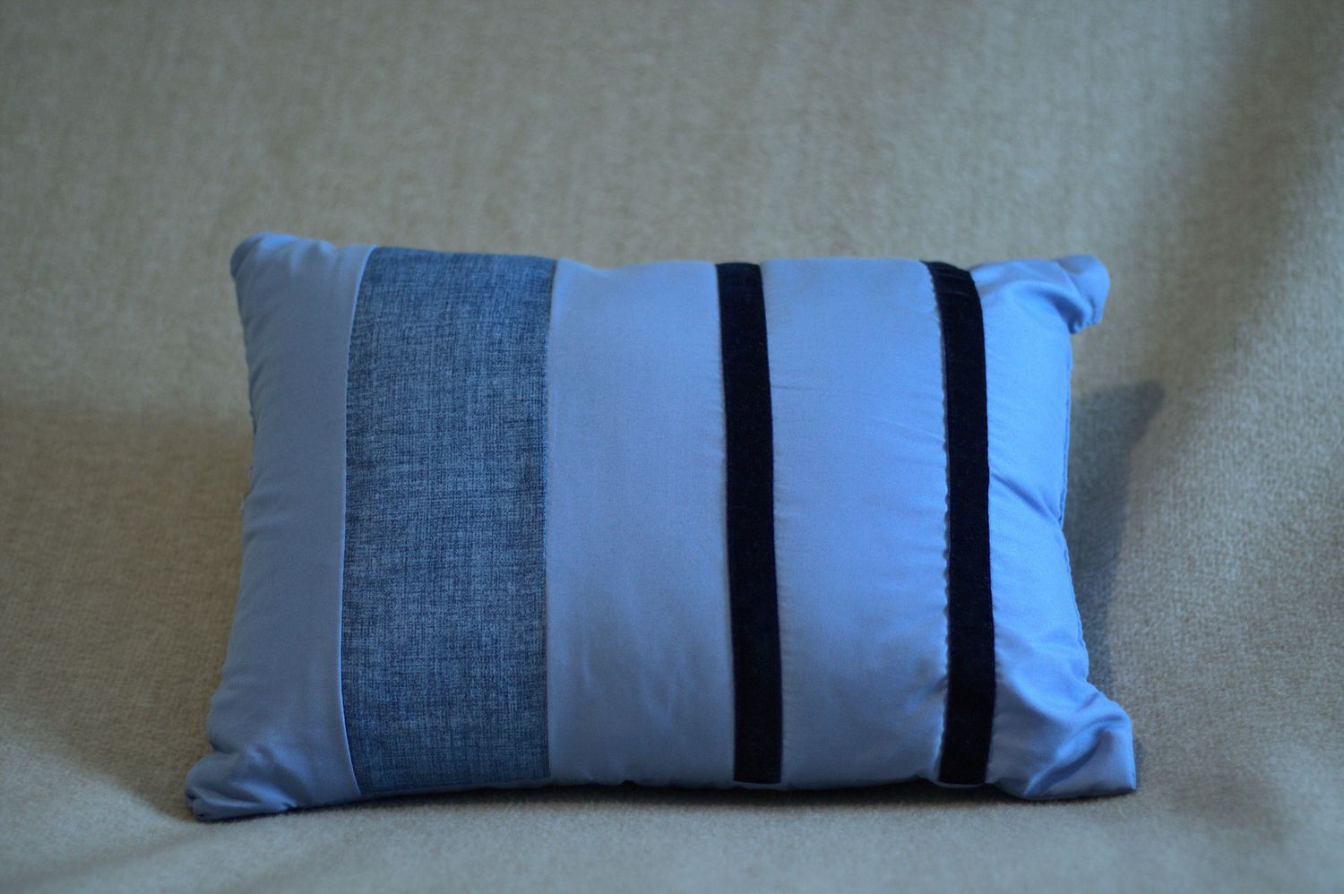 Blue Pillow with Black Stripes