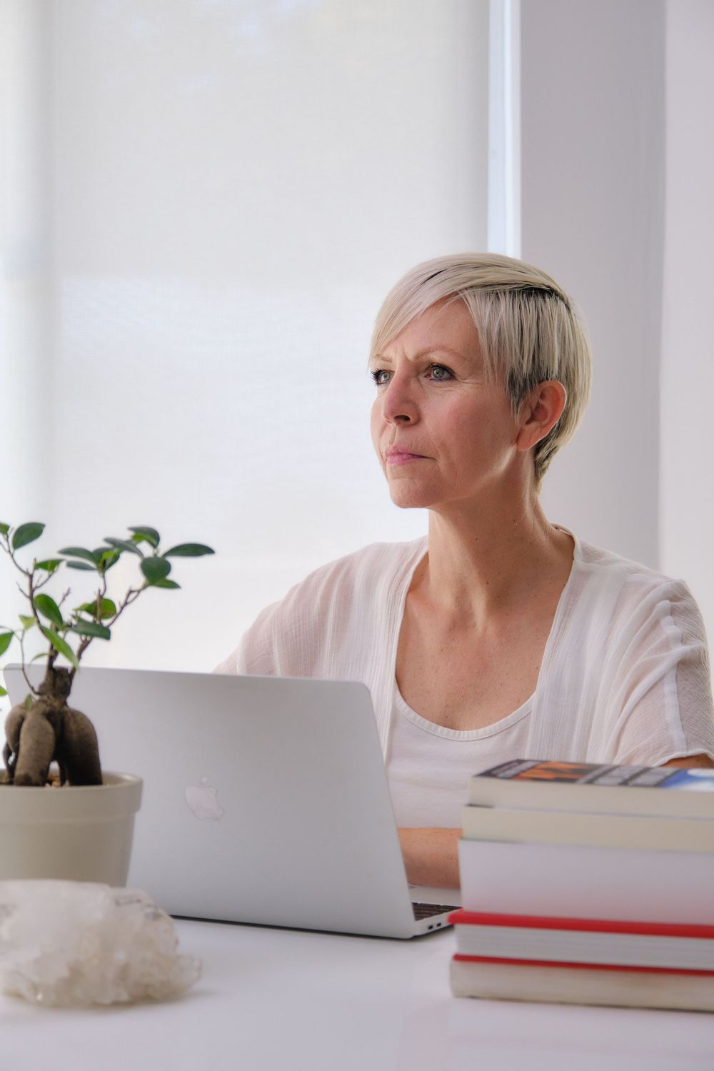 Person working at white desk with laptop, books, and houseplant in minimal setting.