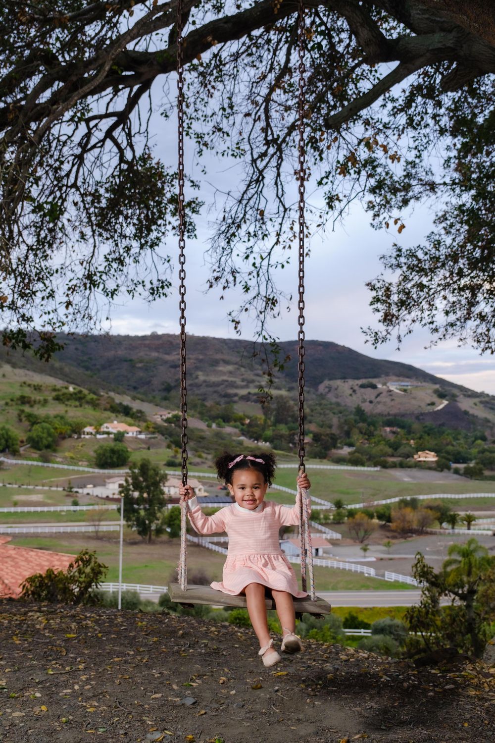 Child enjoying outdoor swing with scenic rolling hills and countryside in background.