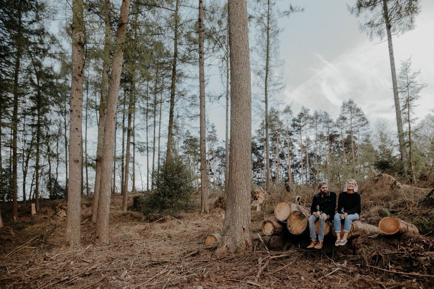 Wedding party gathered in a tall pine forest with natural lighting.