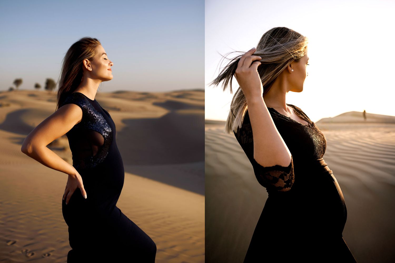 Pregnant woman in Dubai desert with dunes at sunset