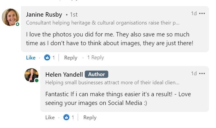 Customer testimonial from Janine Rusby of Yoga Wellbeing for Helen Yandell Photography