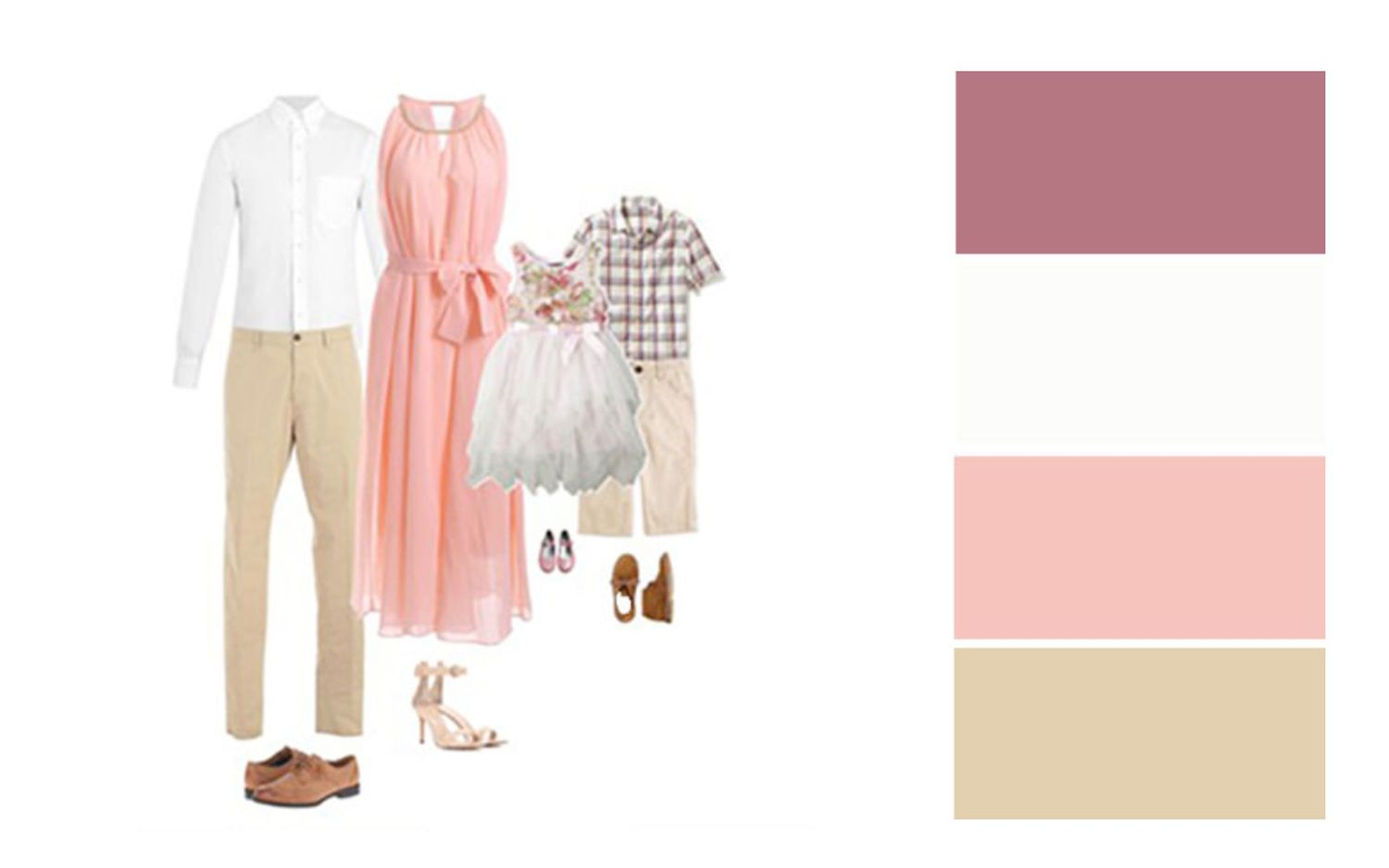 Family coordinated outfits in pink, beige and white tones with color palette for spring photos.