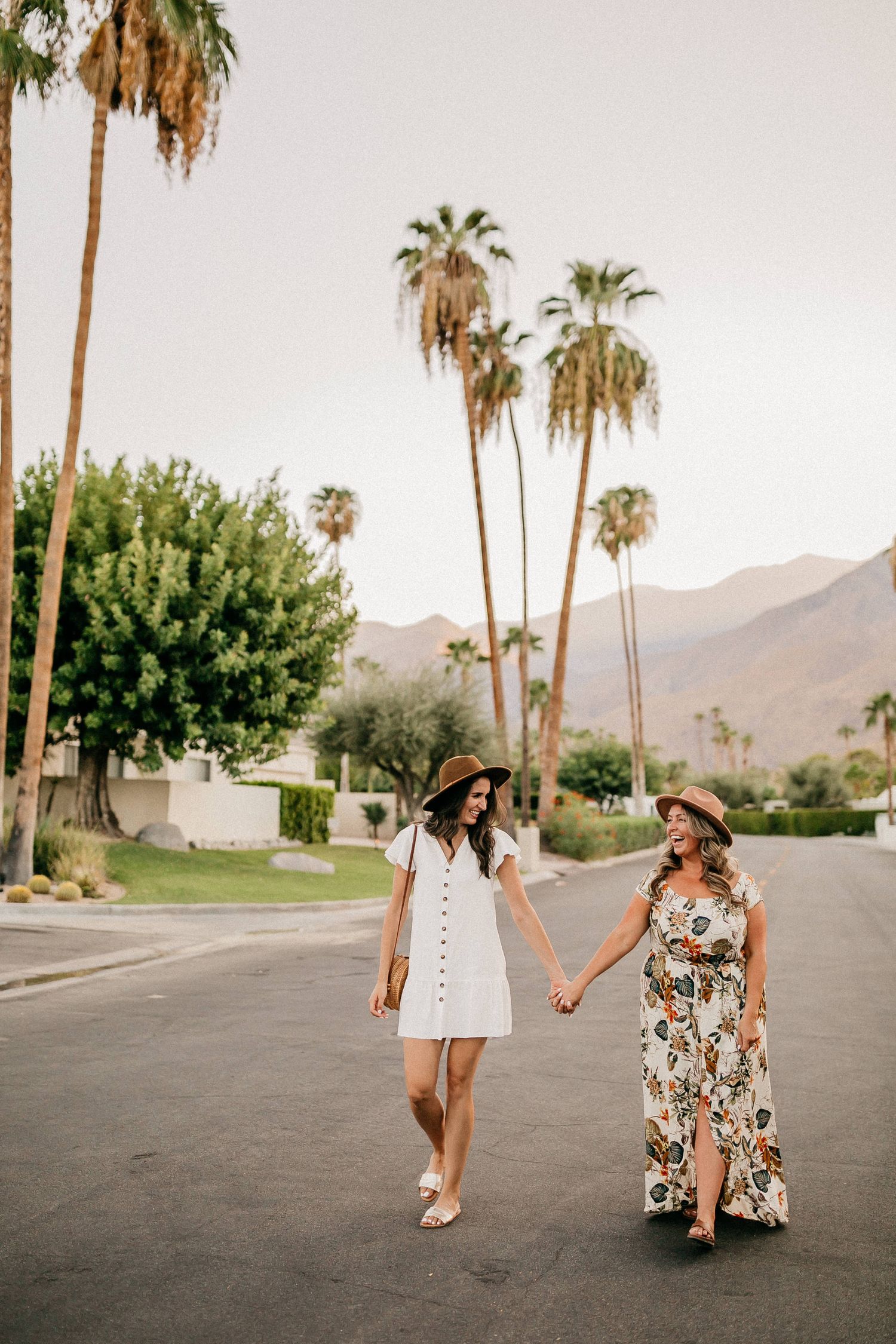 Two people walking hand in hand on palm tree lined street in desert neighborhood.
