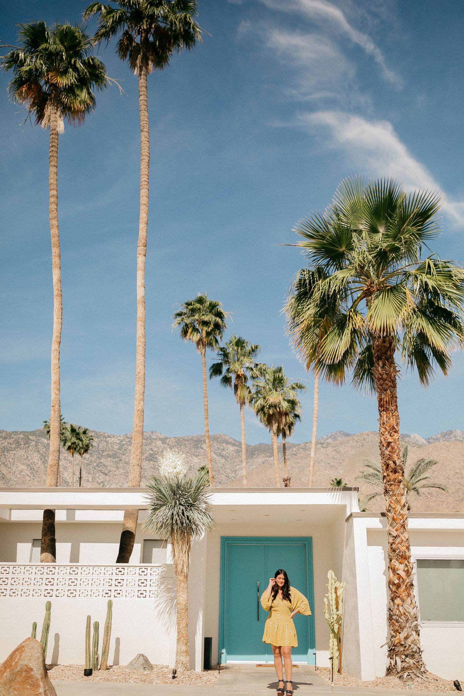 Mid-century modern house with turquoise door and palm trees against mountain backdrop.