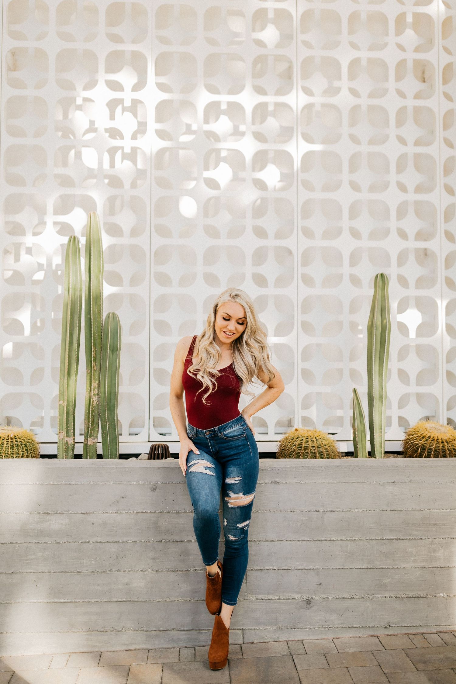 Modern desert scene with tall cactus plants against geometric white wall pattern.