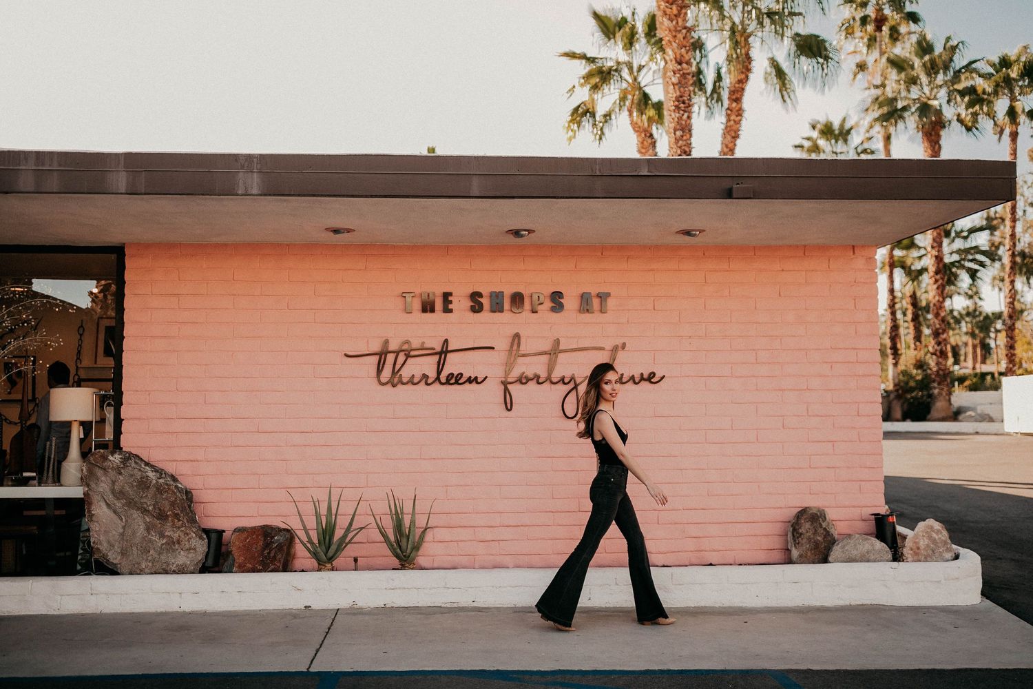 Silhouette walking past pink brick wall with palm trees in background.