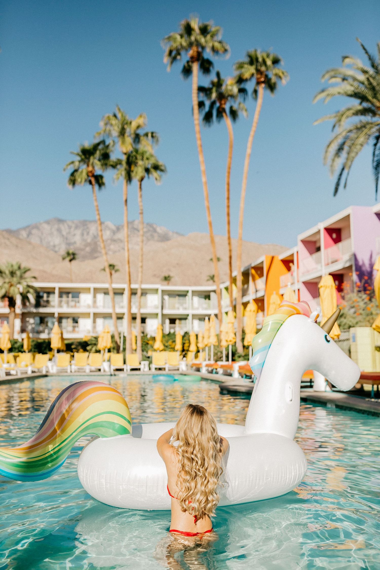 Colorful resort pool with unicorn float and palm trees against mountain backdrop.