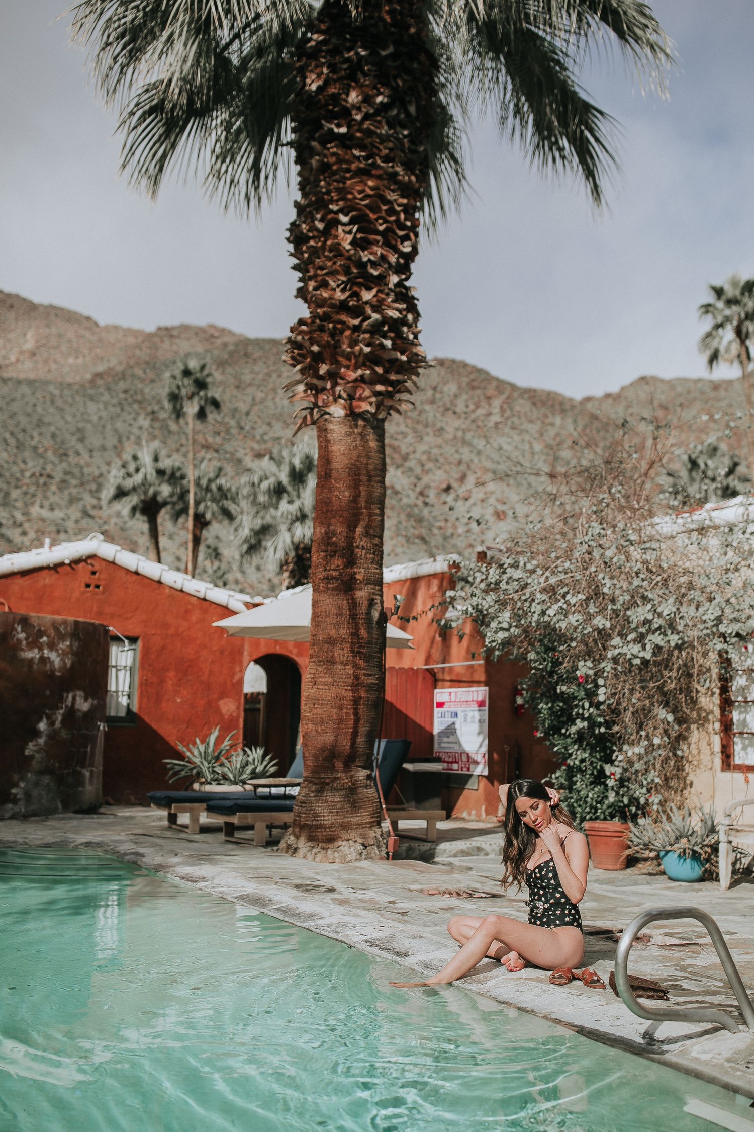 Palm tree and red adobe building frame swimming pool in desert setting.