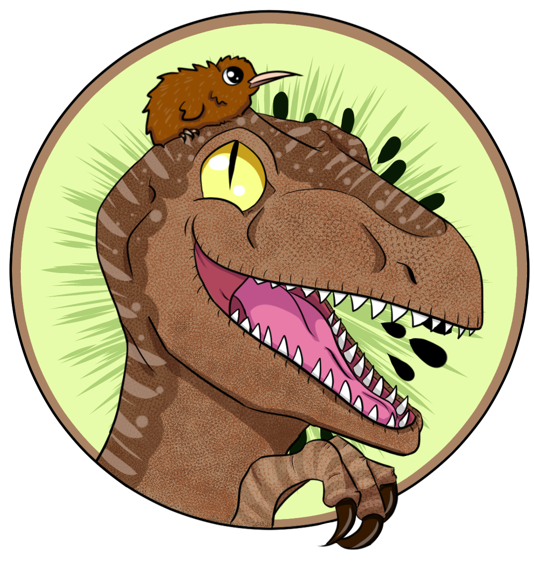 Cartoon brown T-Rex dinosaur with glowing yellow eye in circular badge illustration.
