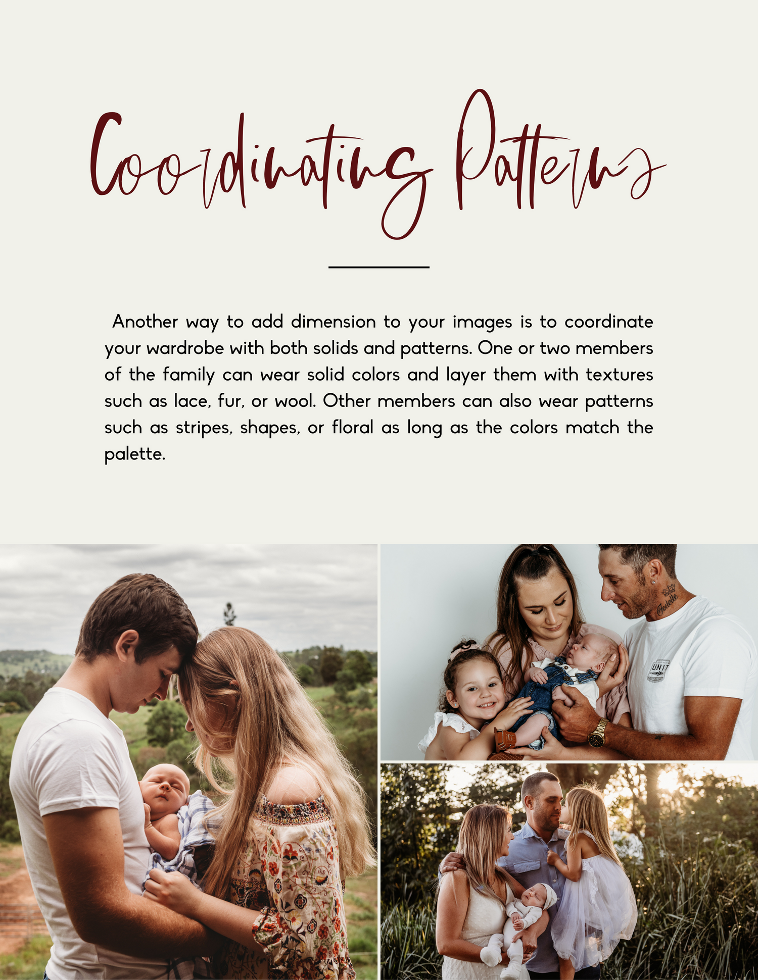 Magazine layout showing wardrobe coordination tips with pattern examples and color palettes for family photos.