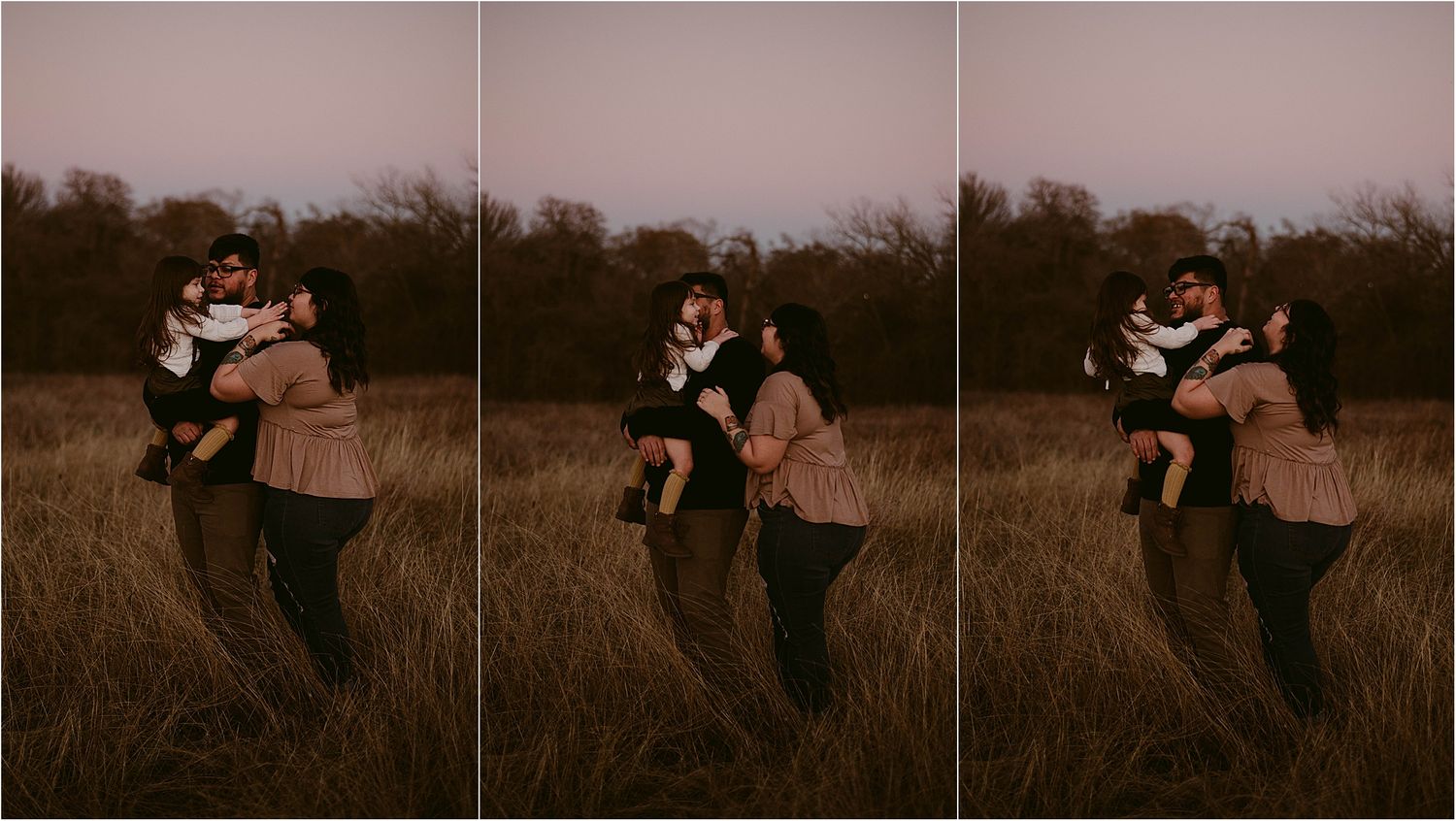 Three sequential shots of a couple dancing and twirling in a golden autumn field at dusk.