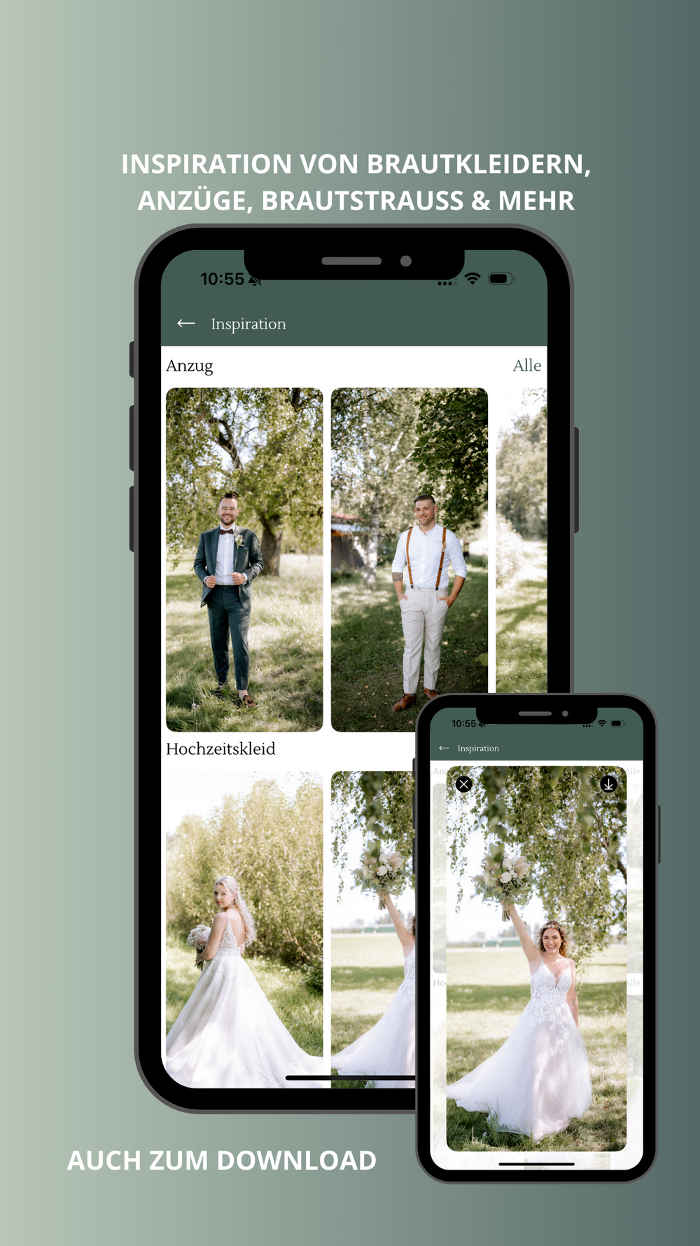 WeddingGuide-App mit verschiedenen Inspirationsbildern von Hochzeiten auf zwei Handydisplays Jovanna Burkard KWICKSHOT