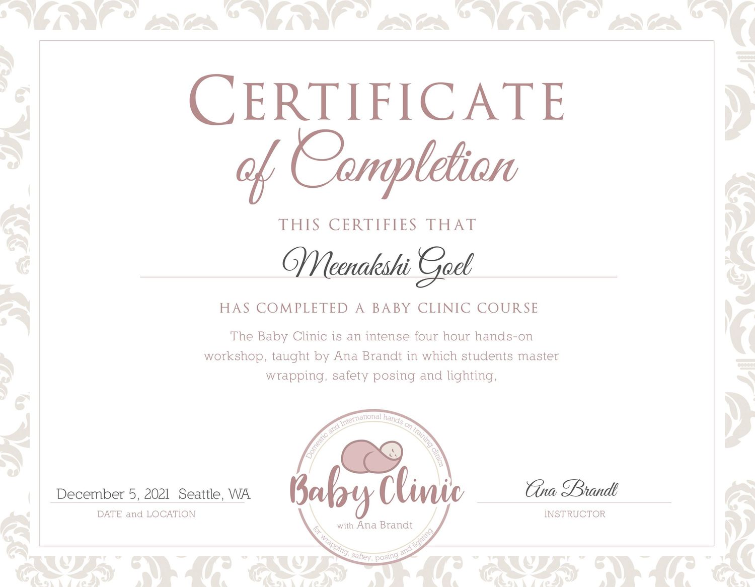 Certificate of Completion from Baby Clinic with elegant design and pink logo.
