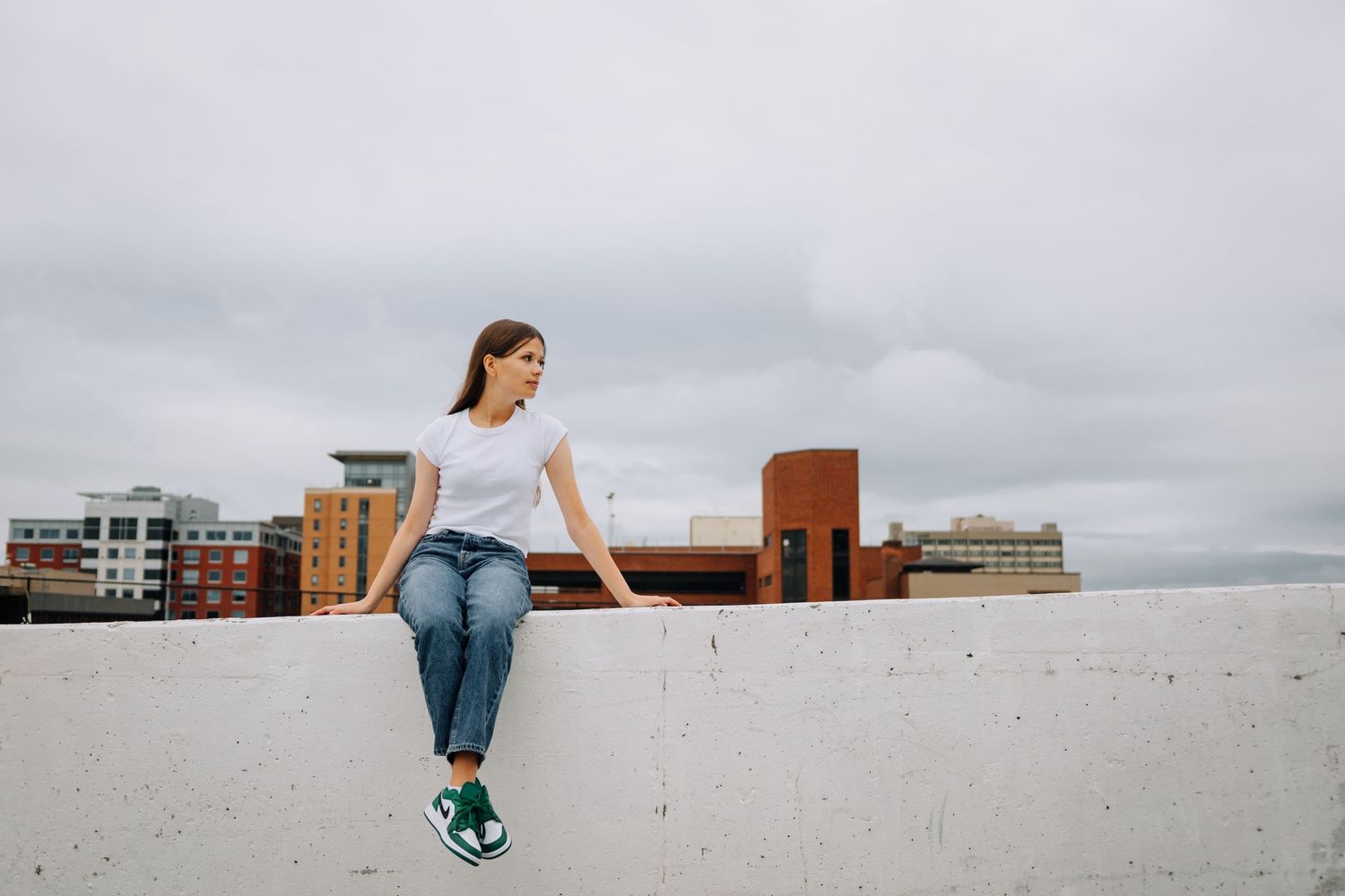 Urban rooftop portrait with cloudy city skyline and brick buildings in background.