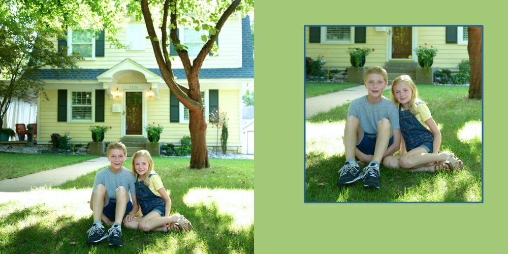 Split-panel layout showing outdoor scenes with house and lawn settings in natural lighting.