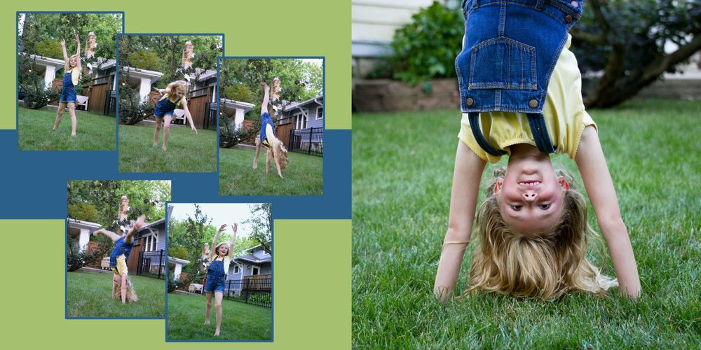Collection of playful outdoor summer activities including handstands on green grass.