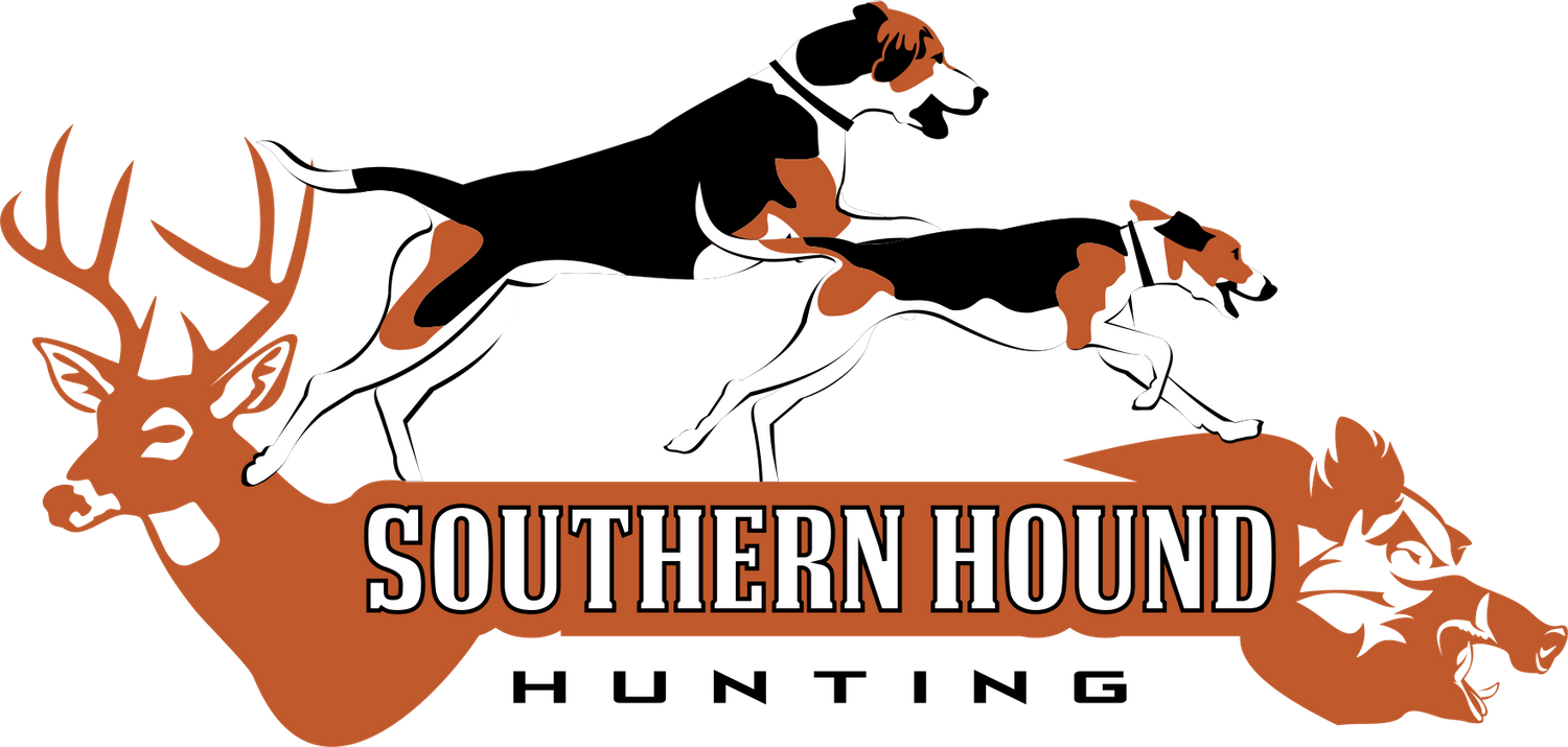 Logo for Southern Hound Hunting Magazine showing two running Walker dogs, a deer head, and a hog head.